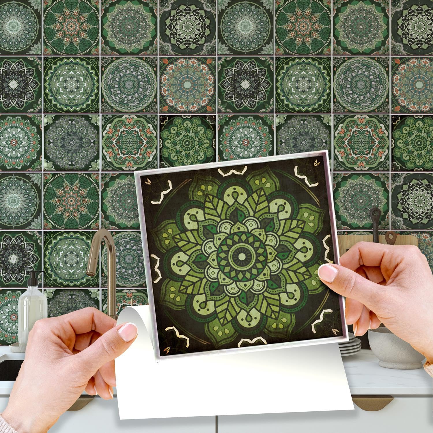 Walplus Green Tile Stickers For Kitchen 15X15cm(6") Self Adhesive Wall Tiles Removable Tile Transfers For Kitchen Sticky Back Stick On Tiles Kitchen Bathroom Tile Stickers 24 Pieces
