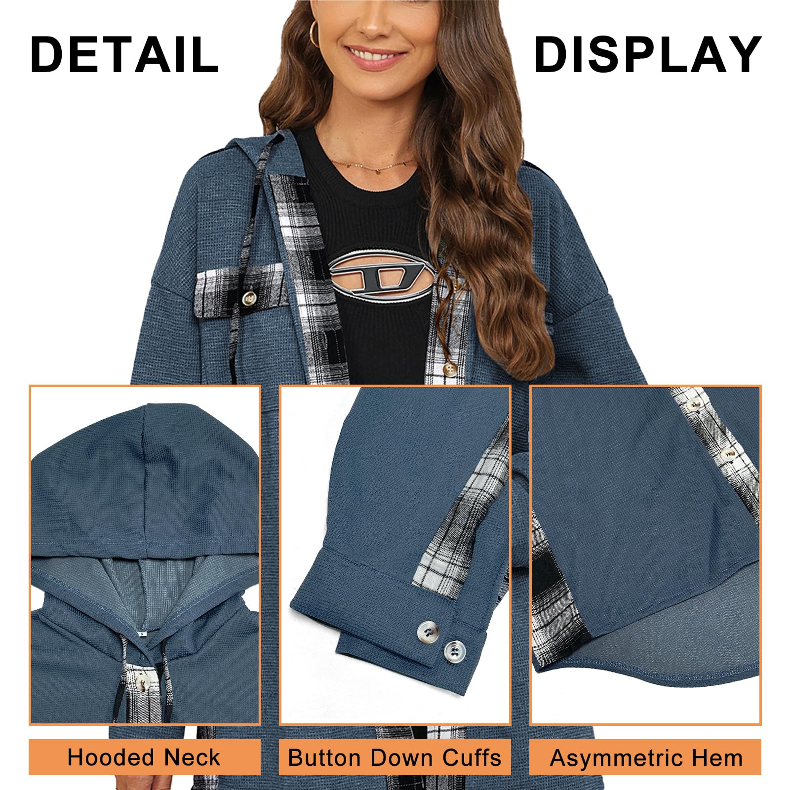 YNIQUE Chemise à Carreaux Femme Chemise Longues Classique Blouses Boutonnées Col en V Hoodie Manche Longue Automne Hiver Top Blouse Chic et élégant