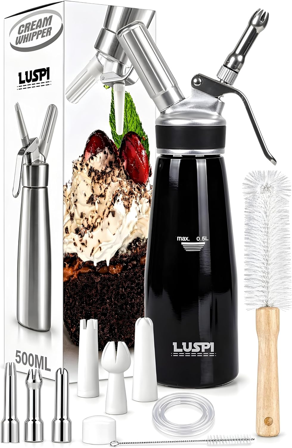 Professional Whipped Cream Dispenser 1 Pint 500ml Aluminum Whipper Leak Proof Dispenser with 6 Decorating Nozzles for Coffee Cold Foam Desserts N2O Not Included