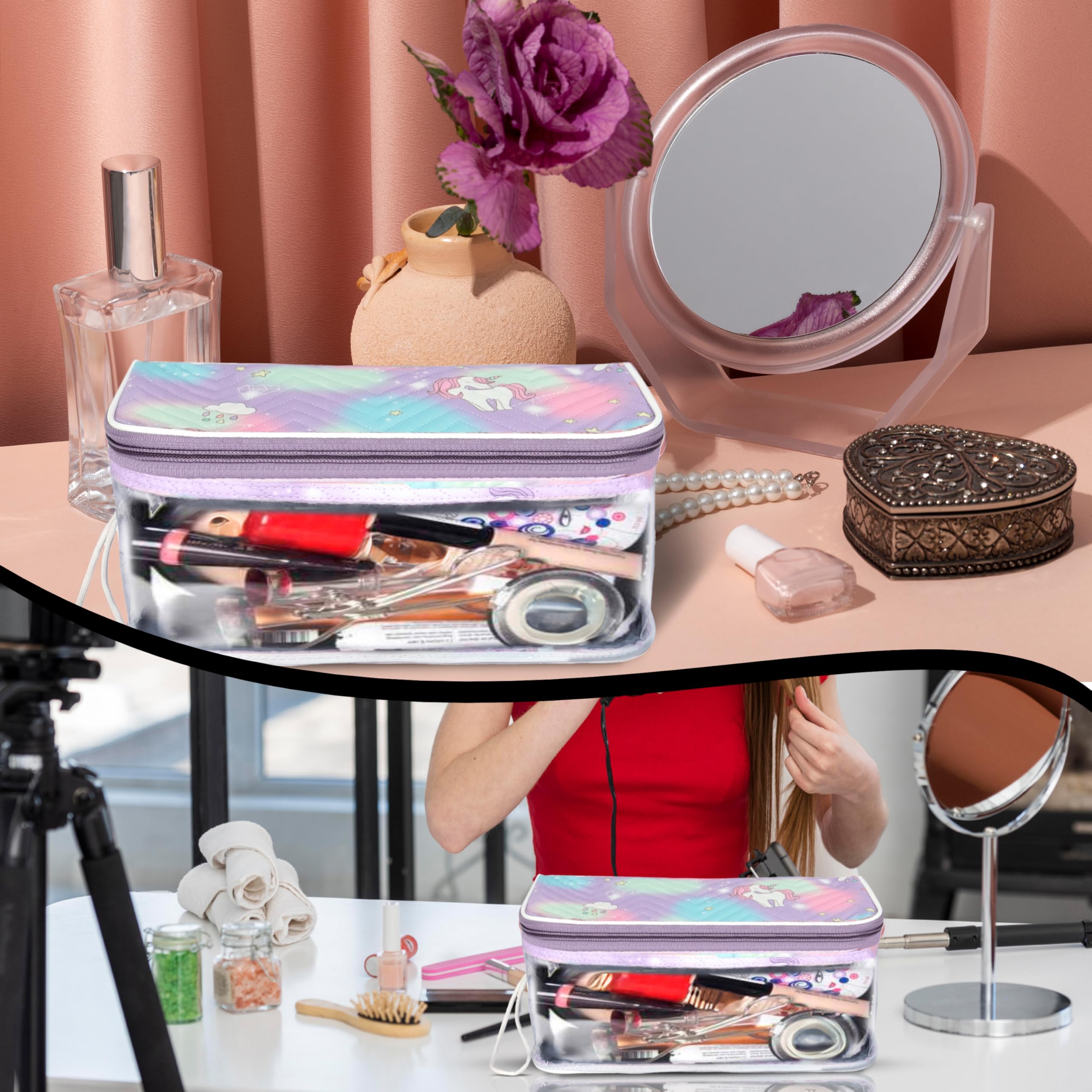 Storite Levendar - Bolsa transparente para cosméticos con estampado de unicornio, organizador de maquillaje, accesorios de joyería, bolsa de aseo con cremallera y asa para mujeres, accesorios de viaje