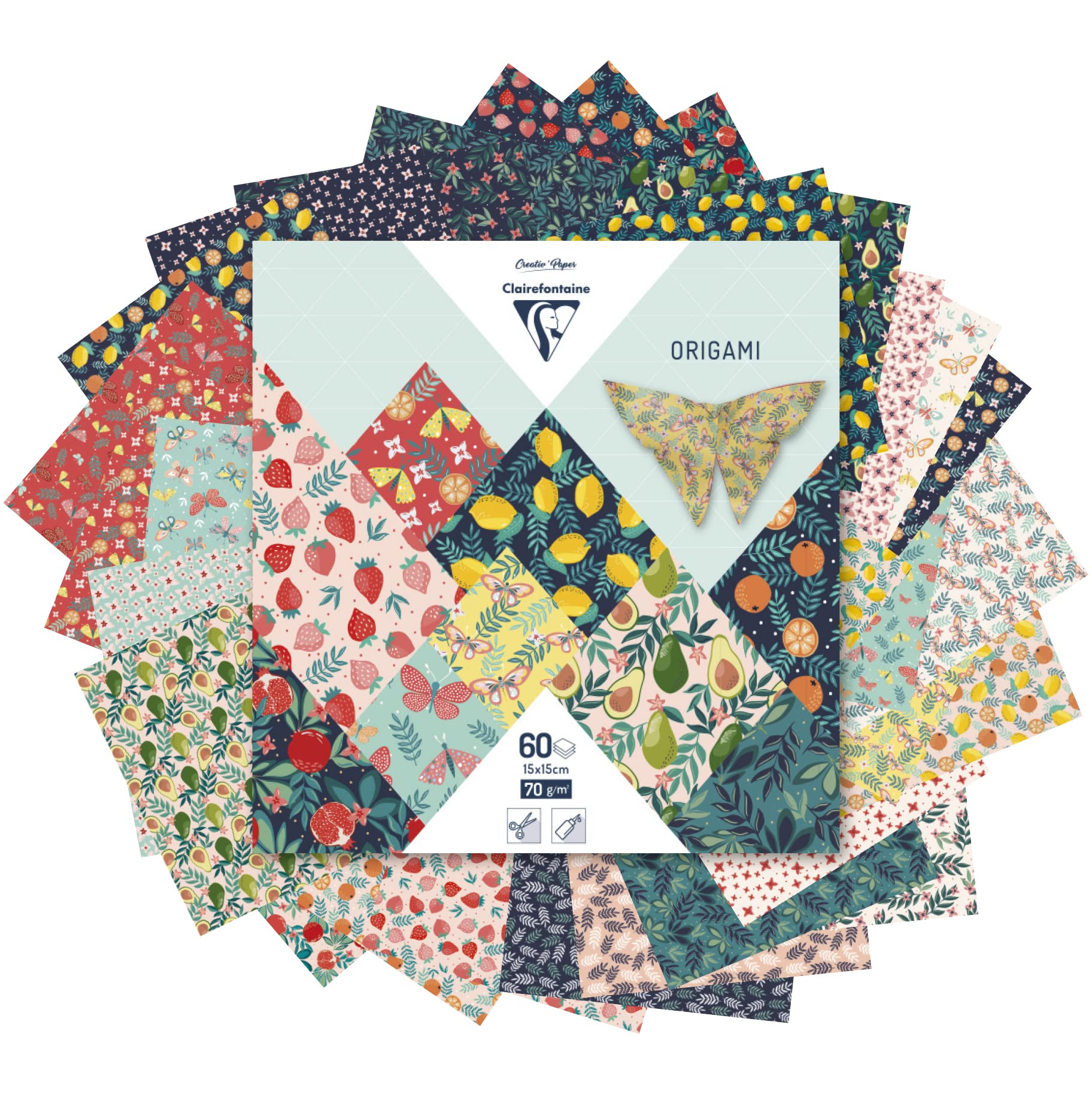 Papel Origami Clairefontaine Clairefontaine Papel Origami - 60 Hojas 70g/m², 3 Tamaños (10x10cm, 15x15cm, 20x20cm), 10 Patrones De Colores 10 Colores Surtidos Manualidades