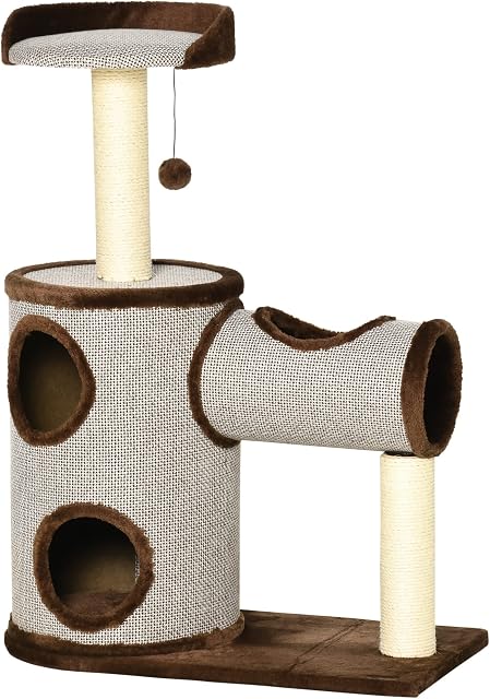 PawHut Cat Tree Tower Indoor Cats Climbing Activity Centre Kitten Furniture w/ Cat House, Bed, Scratching Post, Hanging Toy, Brown
