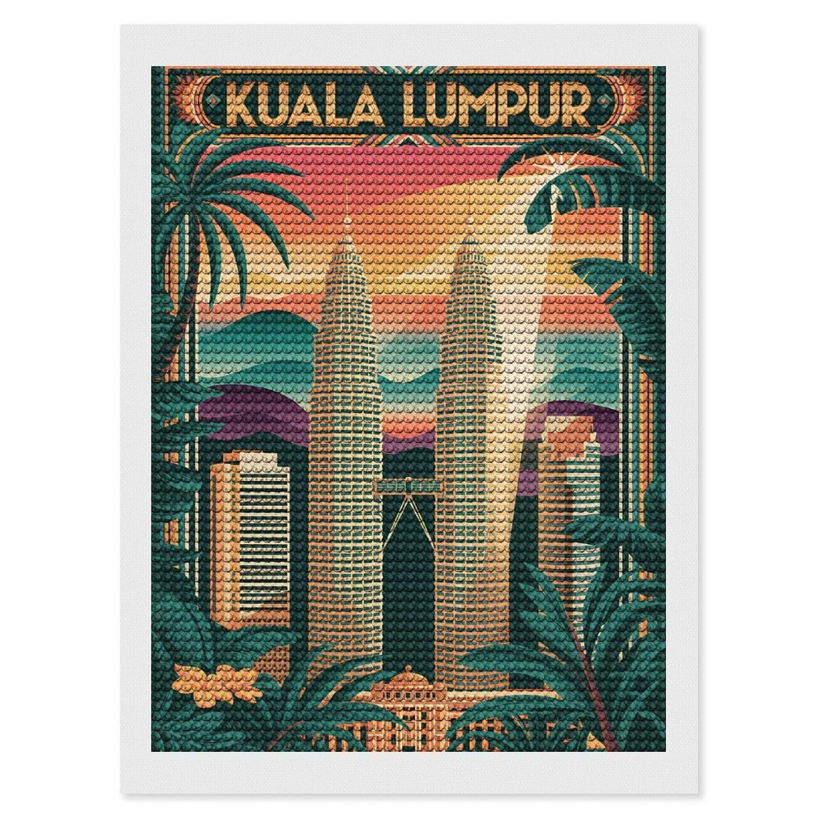 Junmoney Kuala Lumpur Cityscape Art Deco DIY Diamond Art Canvas Kit 12"x16", Adhesive Canvas, Easy to Enjoy, Farmhouse Decor, Festive Craft Gift