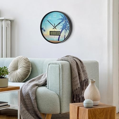 Miniatura 7 de Reloj de pared moderno con pantalla de temperatura Digita Day Week, patrón de playa azul, sin tictac, funciona con pilas con calendario y fecha para