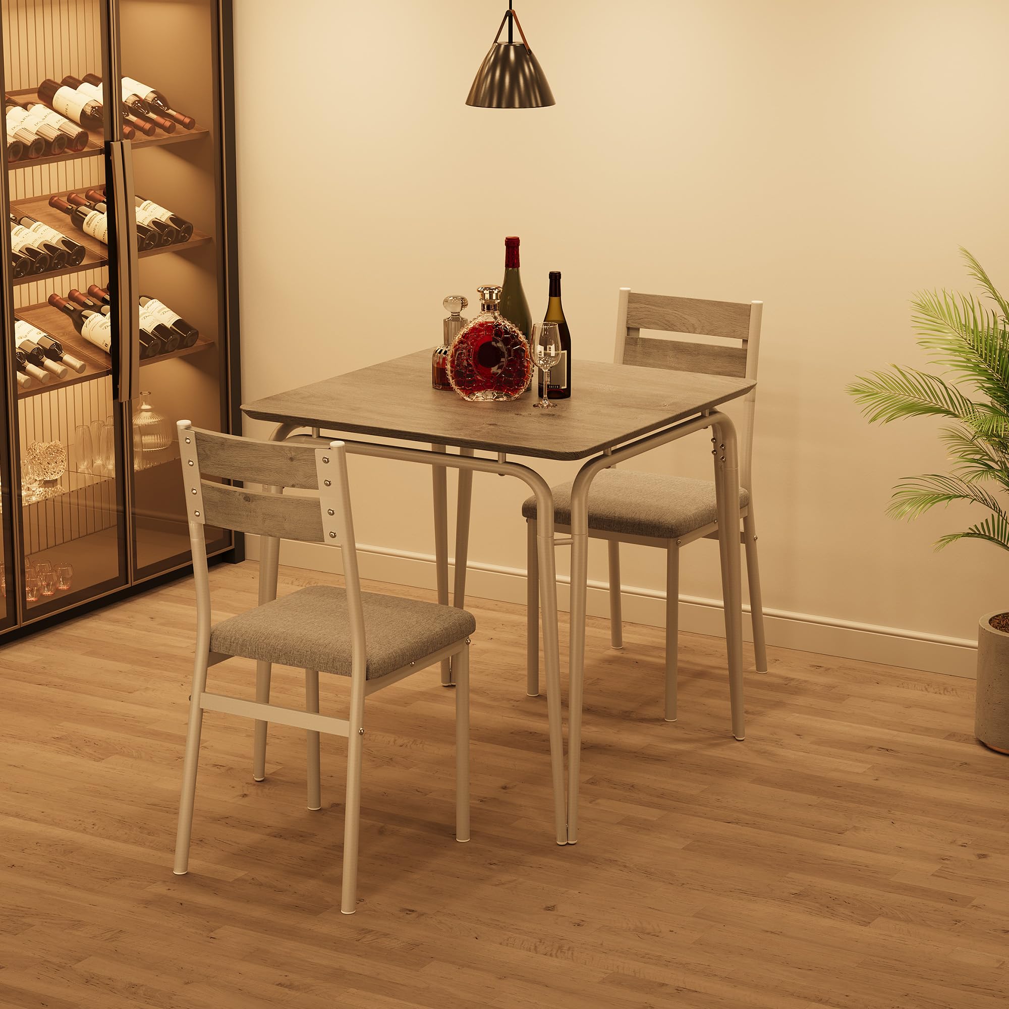 3-Teilige Essgruppe Für 2 Personen, Kleiner Esstisch Mit 2 Stühlen Sitzgruppe, Quadratischer Küchentisch Mit Metallgestell Esszimmergruppe, Für Küche, Wohnzimmer, Apartment, Waschgrau