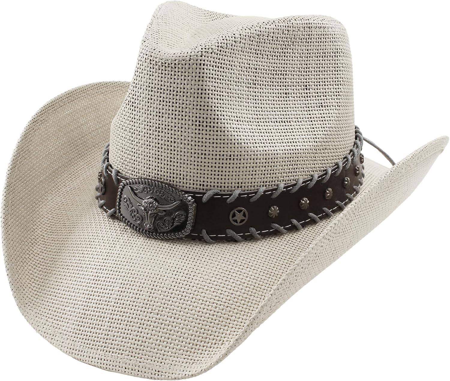 Carnavalife Western Cowboy Hat for Men and Women with Studded Band and Bull Buckle, Adjustable Straw Hat