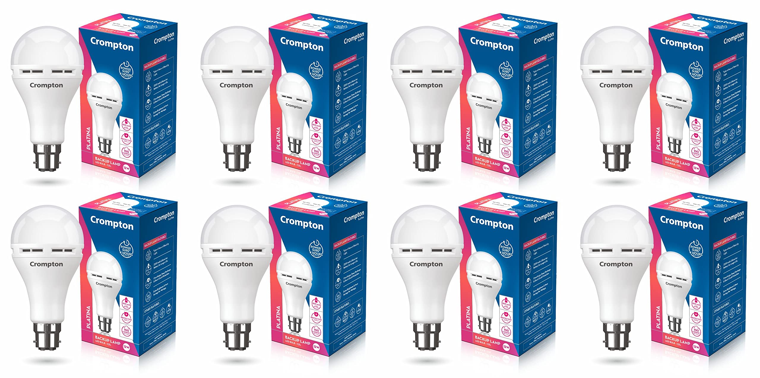 Crompton Emergency 12W LED Bulb Base B22 Cool Day Light (Pack of 8) | Rechargeable inverter bulb; upto 4 hours backup; value pack of 8 for whole-home fit-out; 6500K cool day light