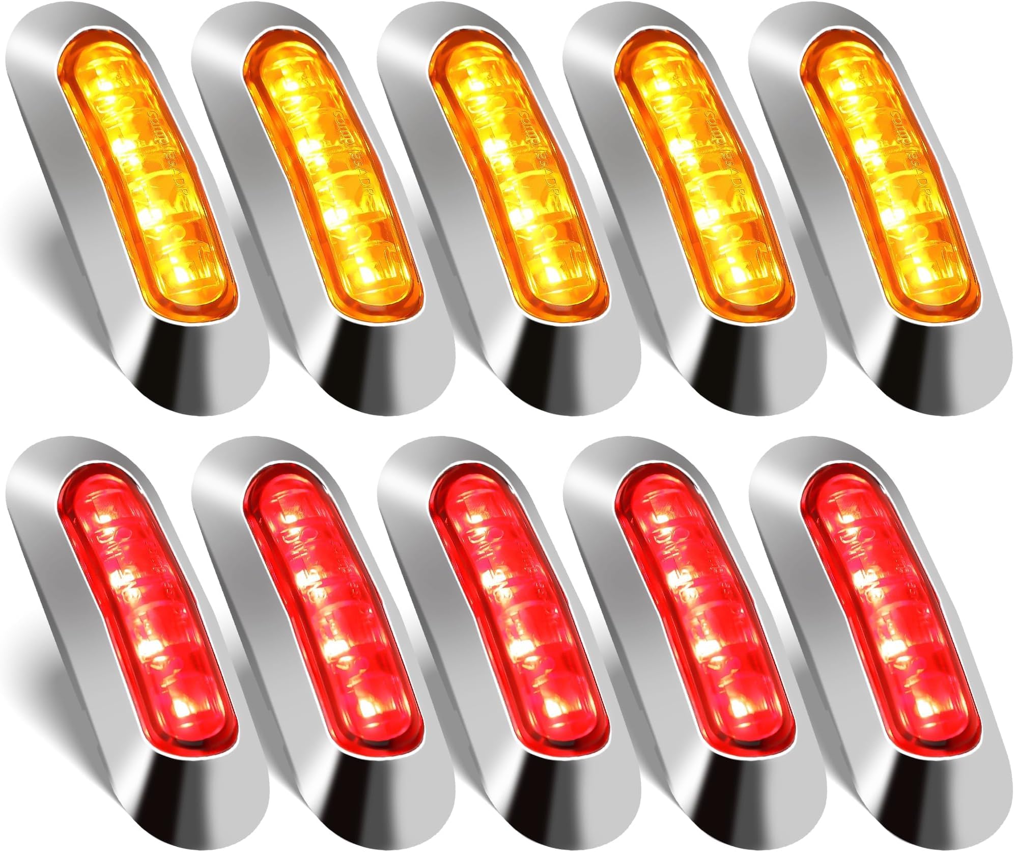 ALFU 12V-24V 4 LED Side Marker Lights with Chrome Bezel, Front Rear Tail Clearance Indicator Lamp, Interior Courtesy Light for Truck Trailer Car Bus Boat Lorry (Amber(5PCS)+Red(5PCS))