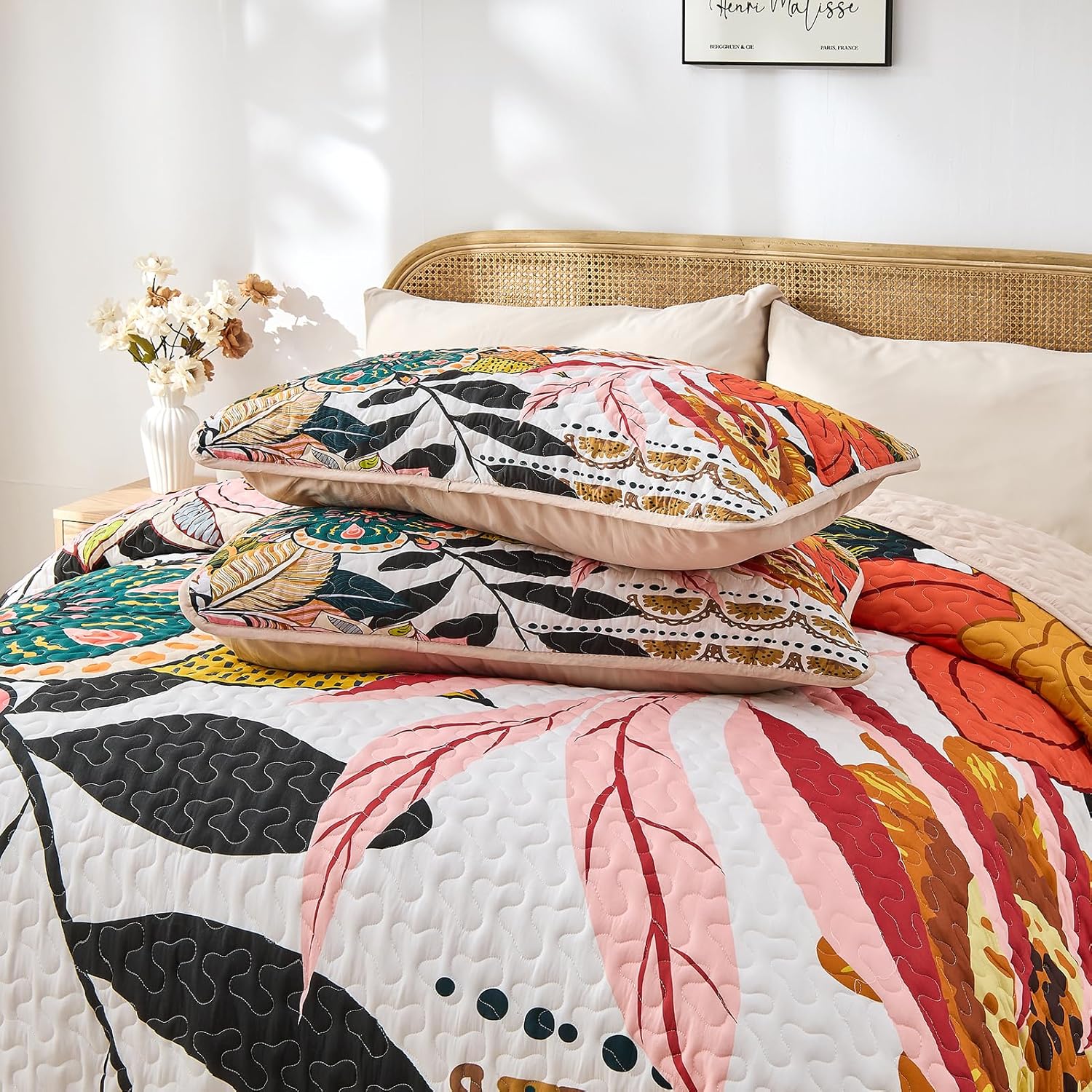 Quilt Set King Size, Boho Floral 3 Pcs Soft Bed Cover Bedding Set, Mid Century Flowers Lightweight Bedspread Coverlet with 2 Pillow Sham for All Season