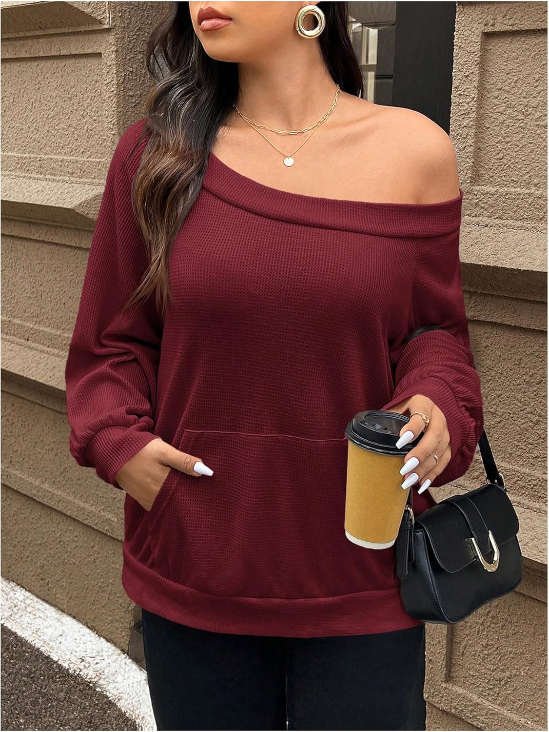 SOLY HUX Women's Plus Size Off the Shoulder Sweatshirt Long Sleeve Casual Fall Pullover Tops with Pocket - Image 5