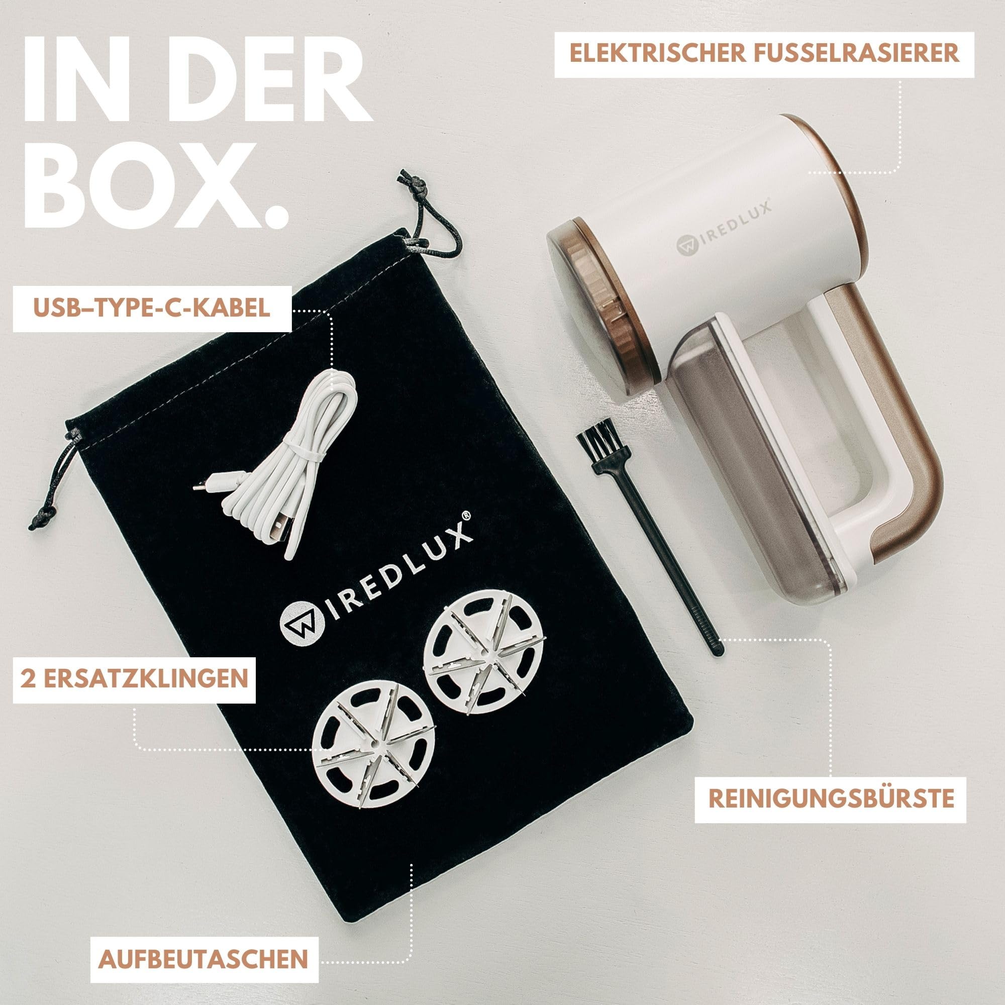 Fusselrasierer Elektrisch WiredLux - Wiederaufladbarer Fusselentferner für Kleidung & Möbel - Einstellbare 3-Fach Geschwindigkeit, 6-blättrige Klinge, LED-Anzeige, USB-Aufladung (Weiß)