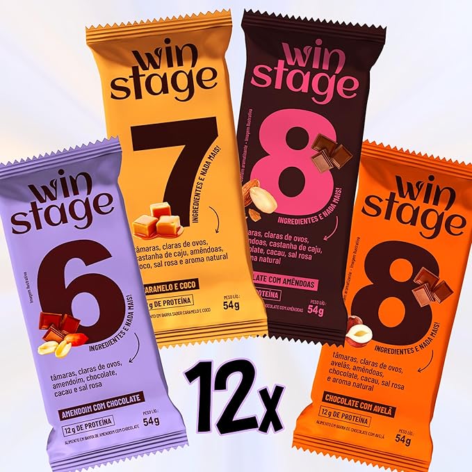 Kit 12 Barras de Proteína WinStage – Mix 4 Sabores (Caramelo e coco
