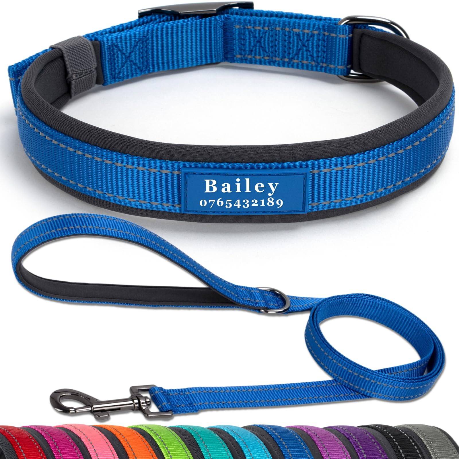 SEOUGEE Personalised Dog Collar and Lead Set | Durable Metal Buckle | Ultra Wide Soft Neoprene Padded | Adjustable Reflective Dog Collar for Medium Large Dogs (XL, Dark Blue Set 57-67cm)