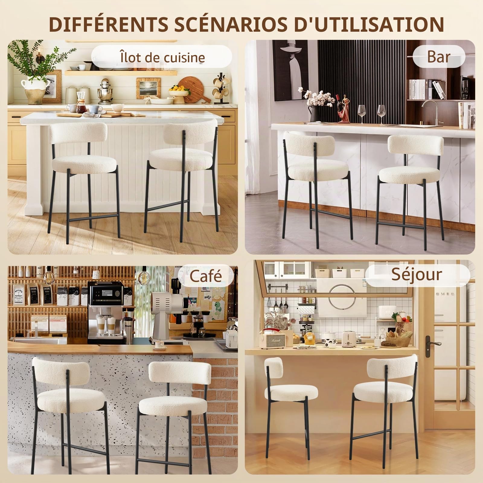 Lot de 4 Tabouret de Bar, Chaise de Bar, Chaise de Cuisine Hauteur 63.5cm, Tabourets Comptoir, Tabouret de Bistrot, Siège Rembourré avec Dossier, Repose-Pieds pour Cuisine, Bar, Blanc