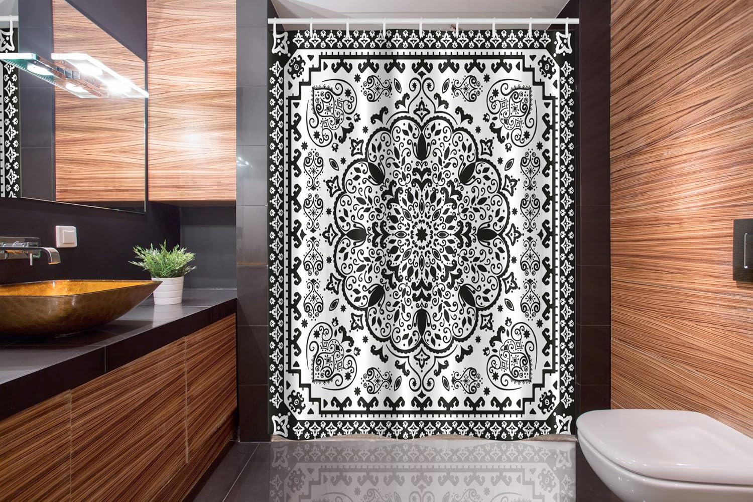 Ambesonne Ethnic Stall Shower Curtain, Mandala Floral Lace Oriental Paisley Design Lace Image Art, Fabric Bathroom Decor Set with Hooks, 54" W x 78" L, Charcoal Grey White