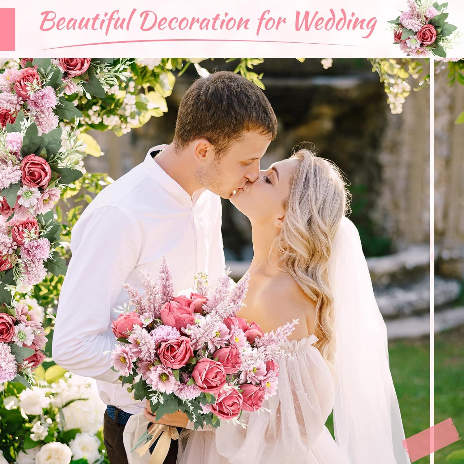 Zeyune 8 Pcs 13.4 Inch Artificial Flowers Bouquet Fake Silk Flowers Faux Bouquet Hydrangea Bouquets for Mother's Day Wedding Birthday Table Centerpieces Home Office Decoration(Bean Paste Pink,Rose)