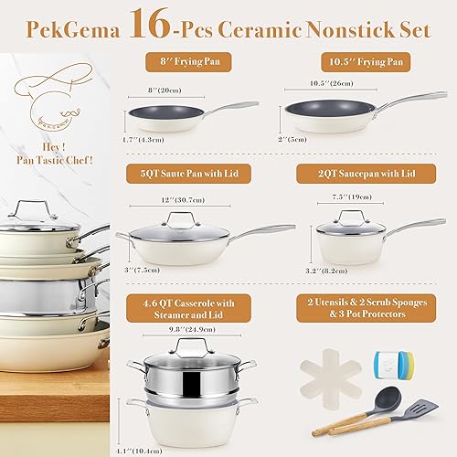Miniatura 2 de PekGema - Juego de ollas y sartenes de cerámica, juego de 16 piezas de artículos de cocina antiadherentes, no tóxicos, aptos para horno