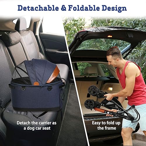 Miniatura 3 de LUCKYERMORE Cochecito plegable de lujo para mascotas desmontable 2 en 1, bolsa de transporte para mascotas, asiento de coche, cochecito para perros