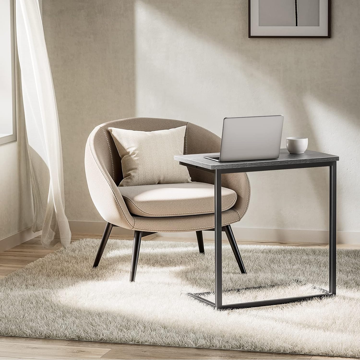 C-Shaped End Table with a laptop and coffee