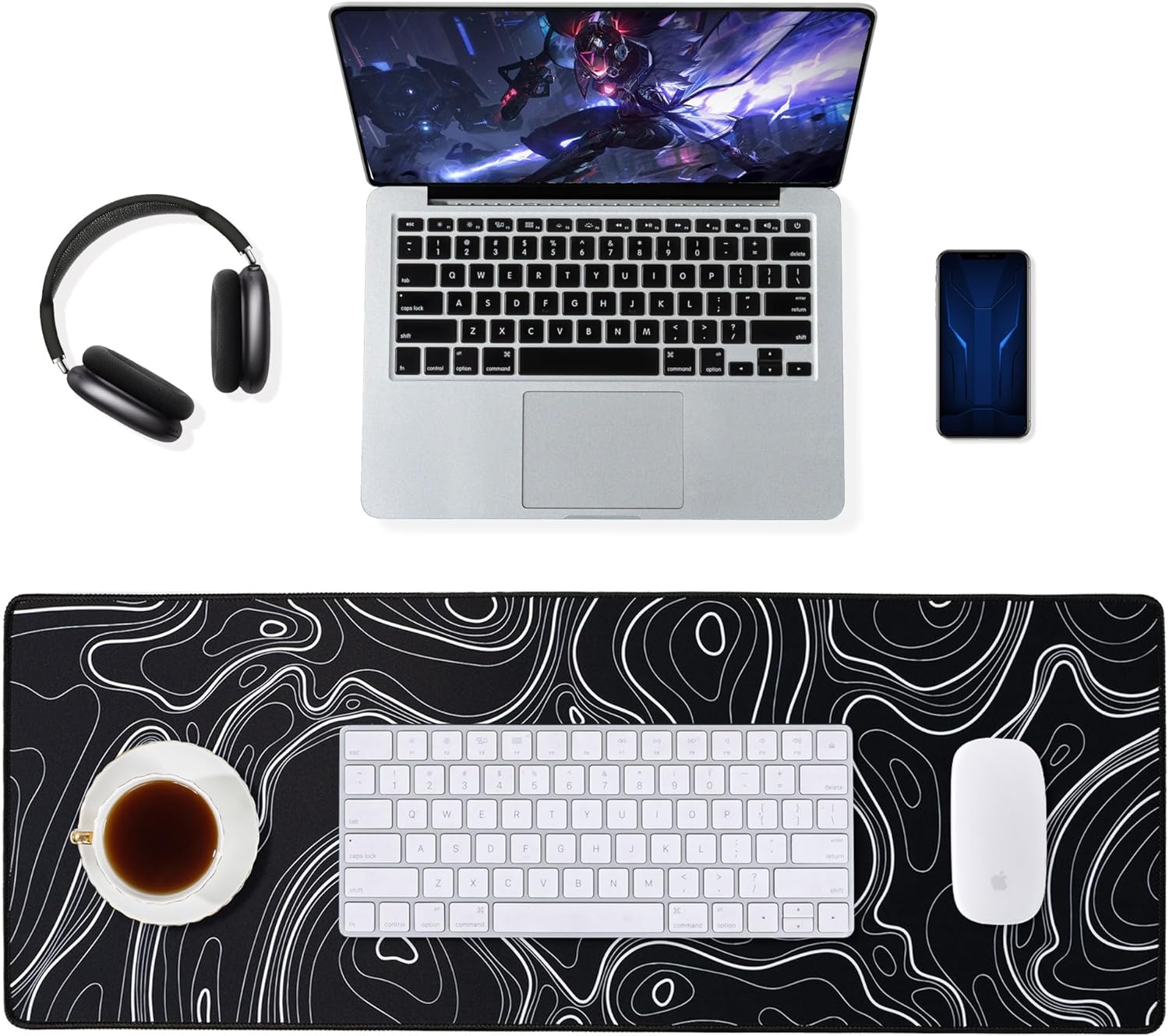 ALOANES Waterproof Mouse Pad with Durable Stitched Edge, XL Gaming Keyboard Pad, Non-Slip Rubber Base, Extended Desk pad for Gamer, Office & Home, Black Topographic Map Mousepad 35.4''x 15.7''x 0.12''