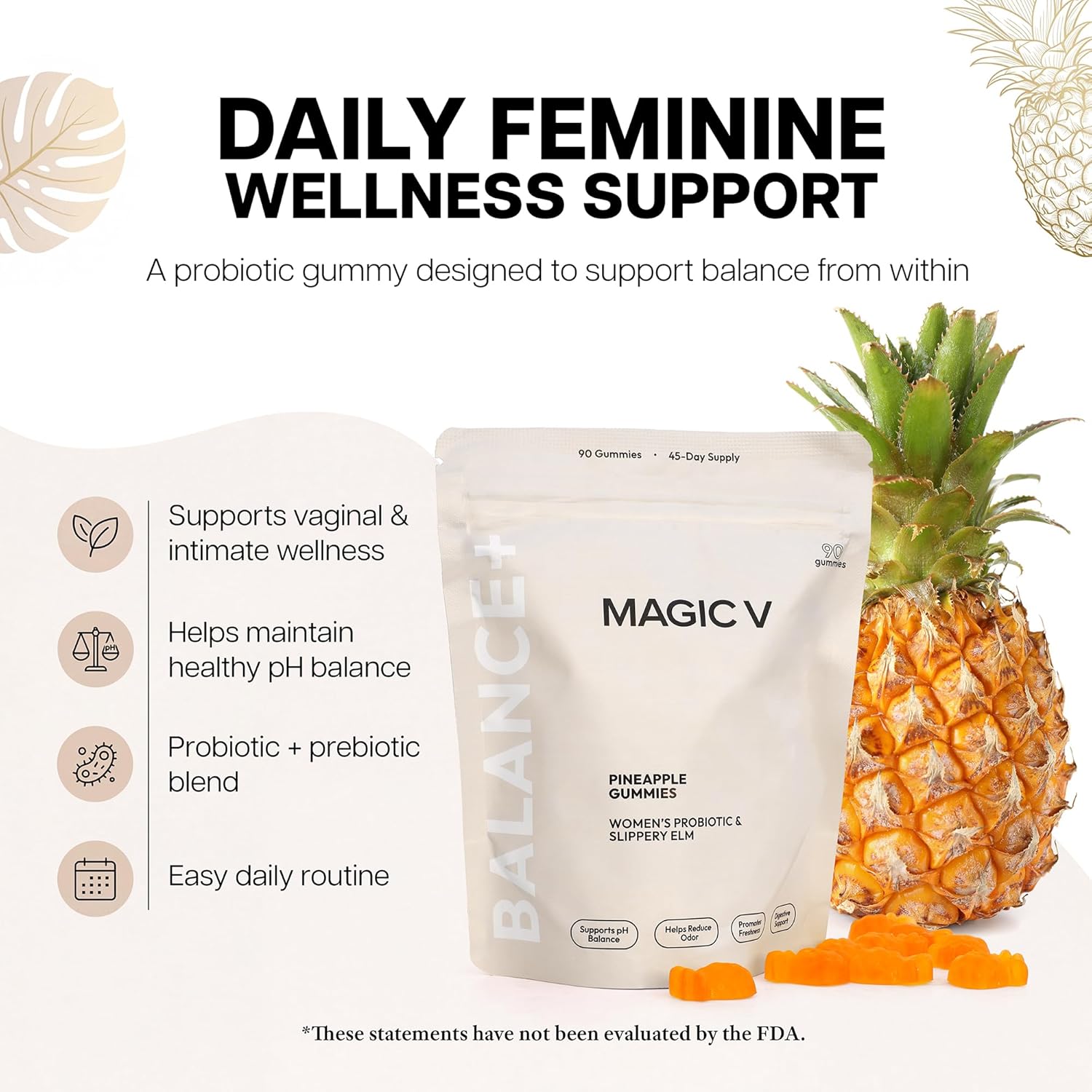 Magic V Care – Premium Feminine Balance Gummies – Women’s Wellness & pH Support – Vaginal Health, Immunity & Hormonal Balance – Vegan, Gluten-Free – Tropical Pineapple – 90 Gummies – 45 Servings