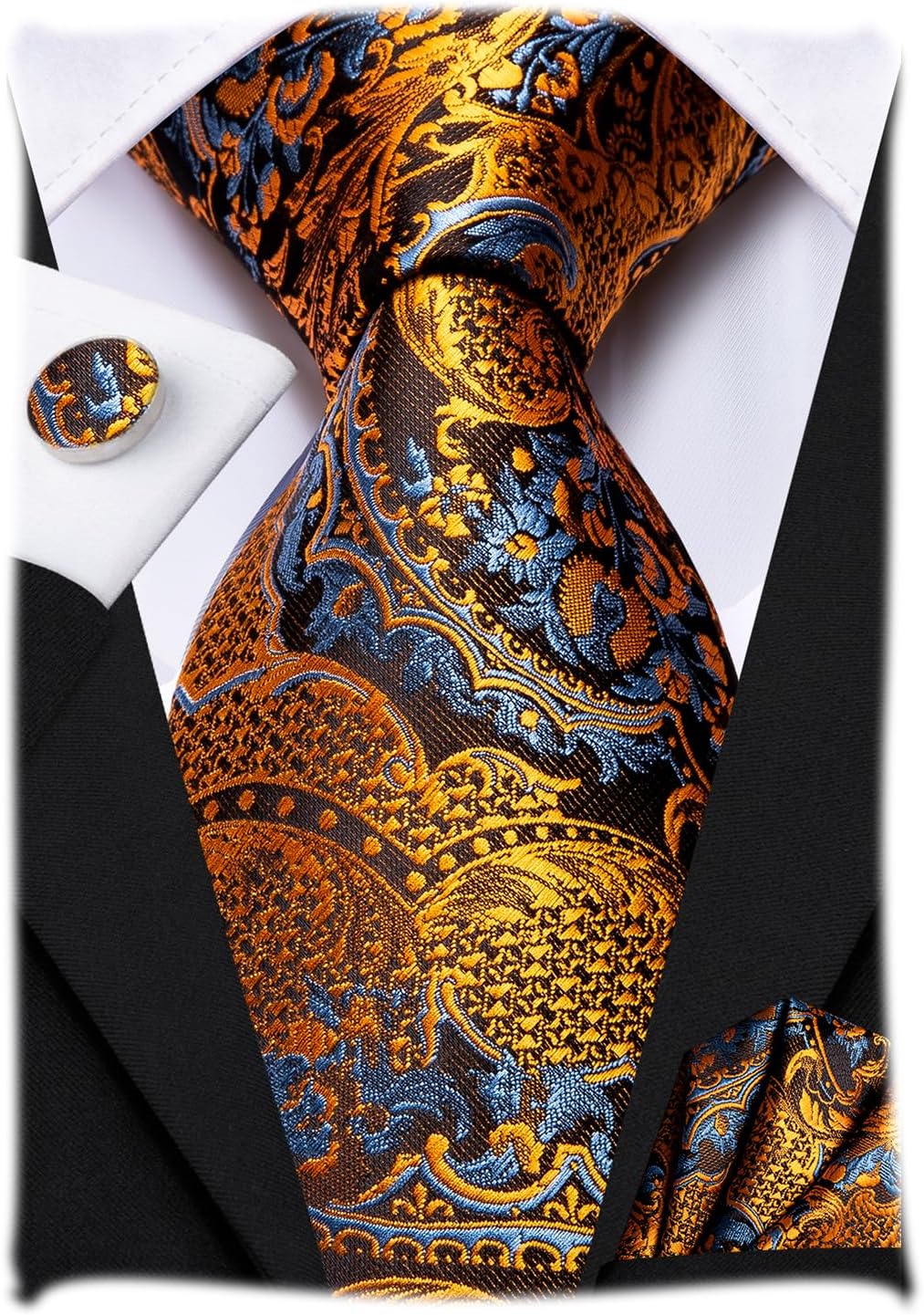 Hi-Tie Dark Orange Paisley Men Tie with Pocket Square & Cufflinks Set Woven Silk Extro Long Necktie for Wedding Party