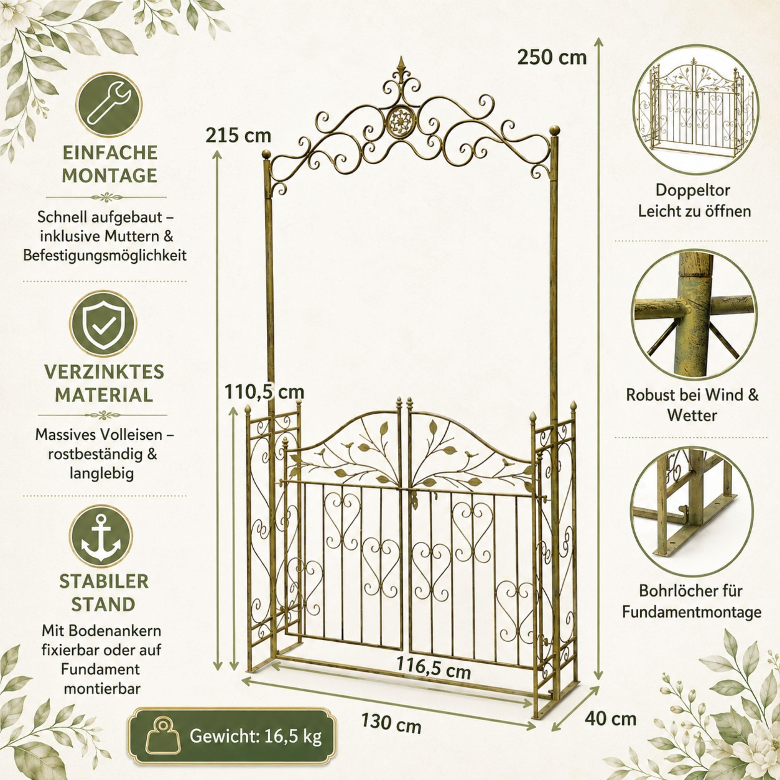 DanDiBo Arche de rose avec porte en métal stable - 130 cm de large - 93997 - Arche de jardin - Arche ronde - Arche de plantation massive - Résistant aux intempéries