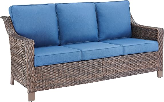 Outdoor Sofa Patio Wicker Couch - Heavy Duty Outside PE Rattan Lawn Sofas for Front Porch Balcony Backyard Yard Deck Apartment Brown/Blue