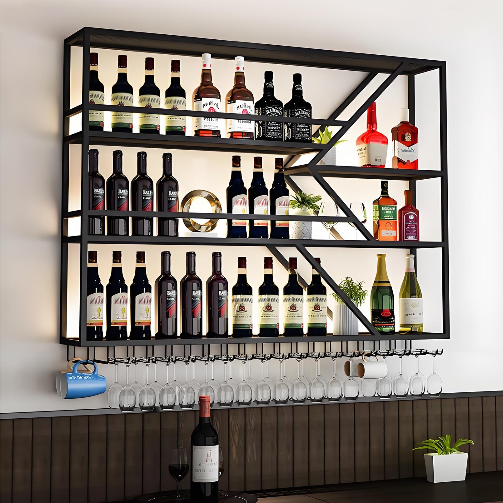 Étagère flottante en métal avec éclairage LED pour affichage mural de bouteilles de vin et d'alcool - Solution de rangement multifonction peu encombrante