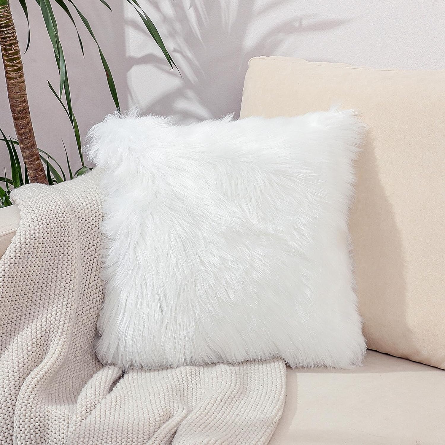 Excluding Insert Faux Fur Sheepskin Pillow Cover White Shag Fuzzy 18x18 Inch White 2 Pcs Super Soft Fluffy Cushion Plush Pillow Case Luxury Living Room Sofa Bed Home Decor Chair Cushion - Image 7