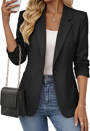 Mina Self 2026 Summer Womens 3/4 Ruched Sleeve Blazer - Lightweight Breathable Lined Casual Work Office Jacket with Pockets