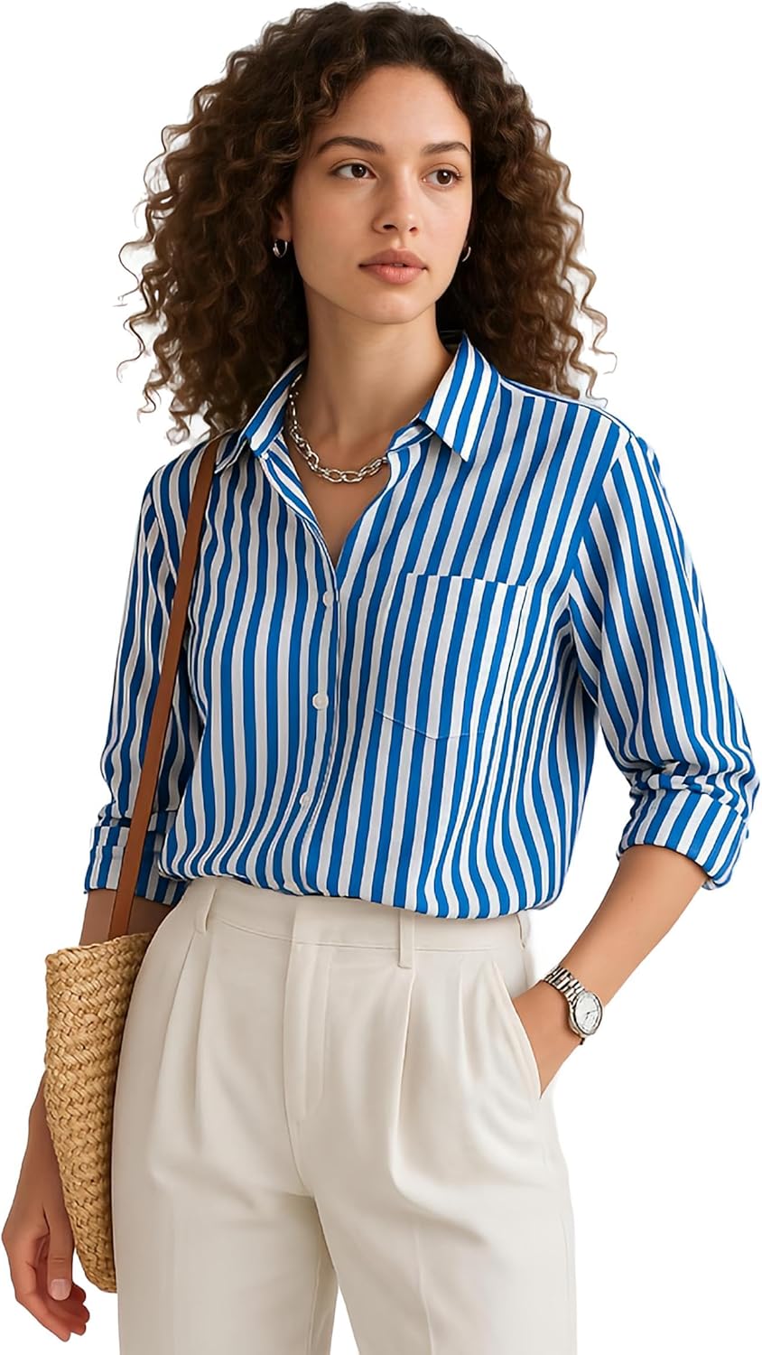 Button Down Shirts for Women Striped Long Sleeve Wrinkle Resistant Blouses Super Soft Collared Business Casual Tops - Image 5