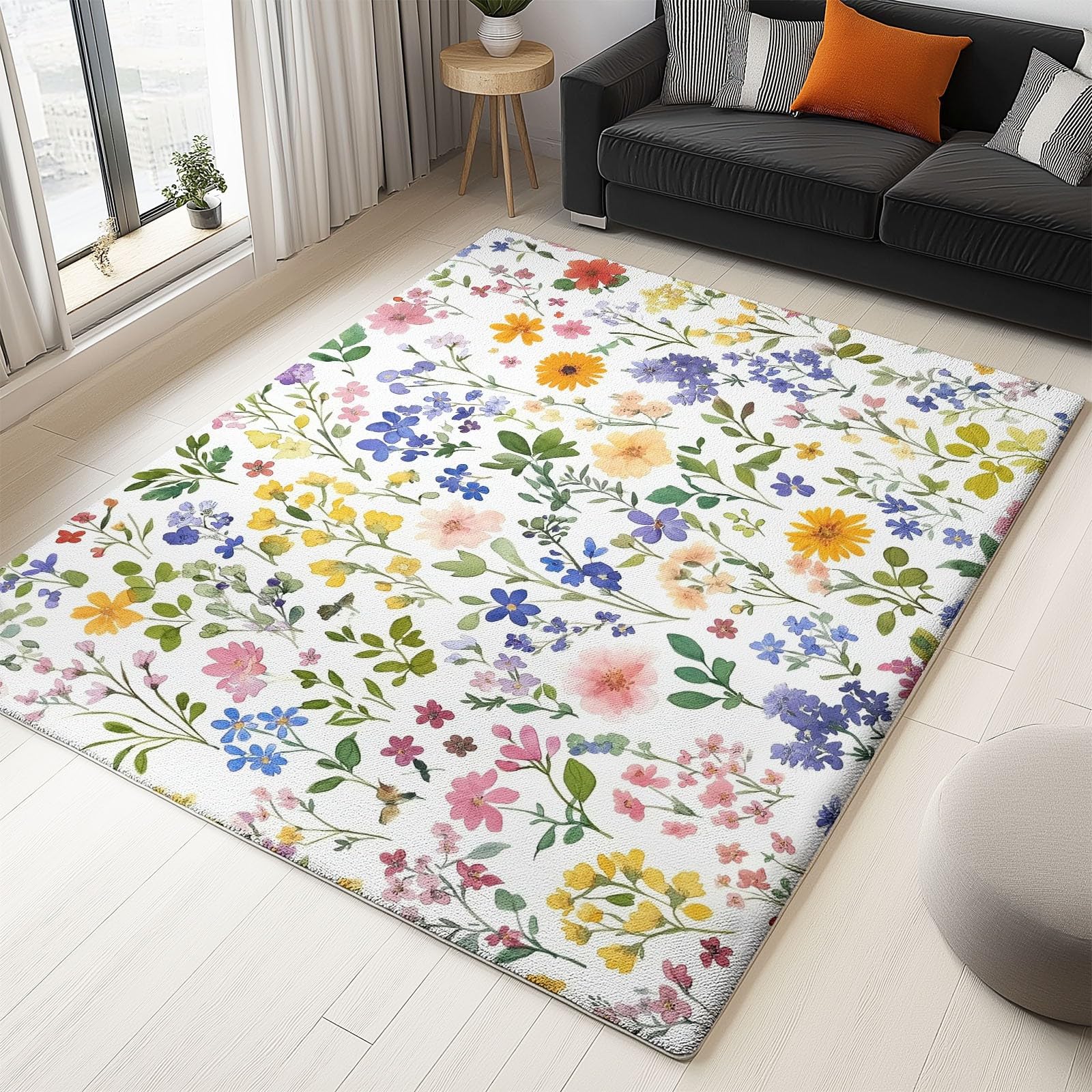 Tapis de Salon 80x150 cm Antidérapant Lavable en Machine Motif Aquarelle Fleurs Sauvages