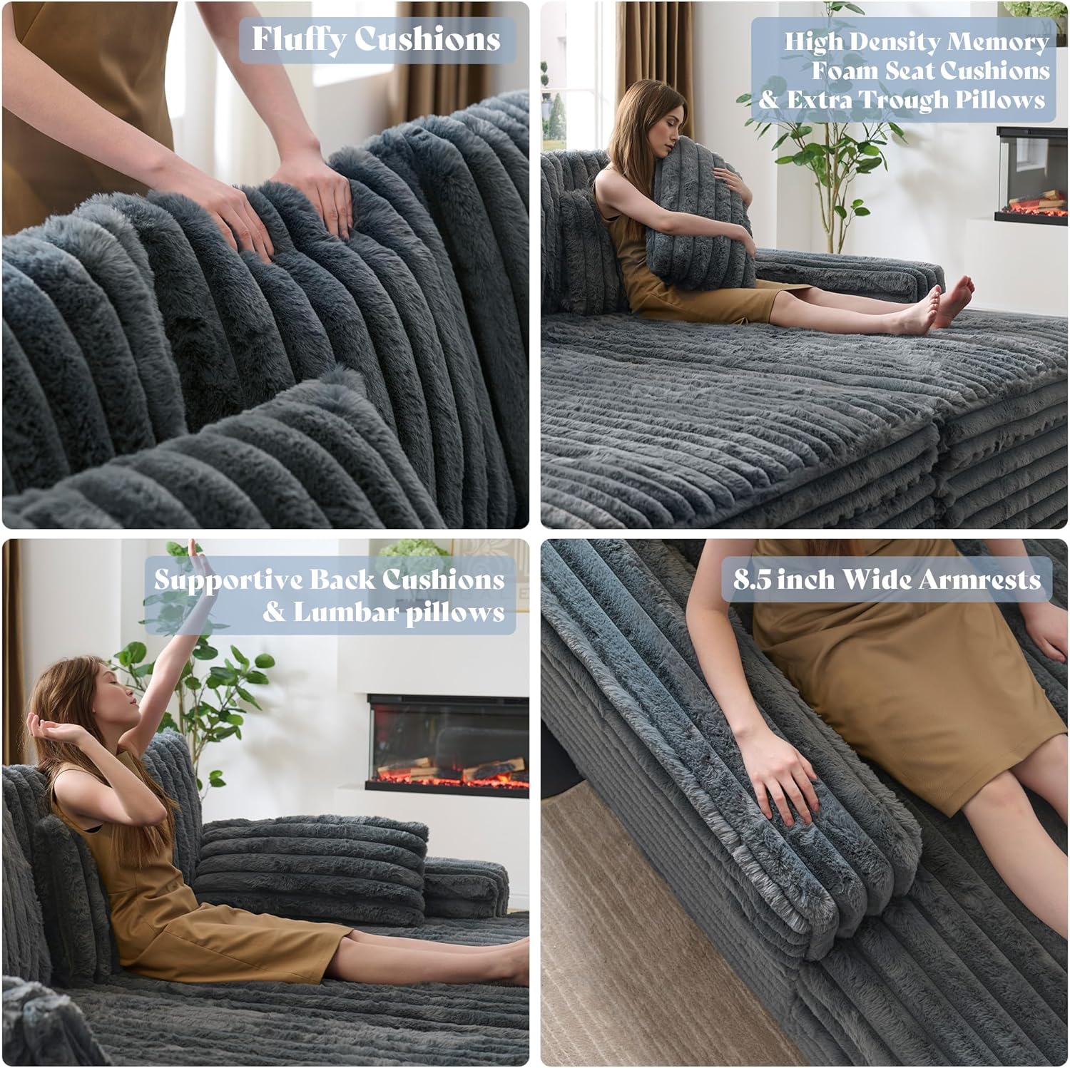 Jocisland 93" Oversized Cloud Sofa for Two, Deep Seat Double Chaise Lounge Couch with Lumbar Cushions & Wide Armrests, Quick Assembly for Living Room or Bedroom, Gray Faux Fur