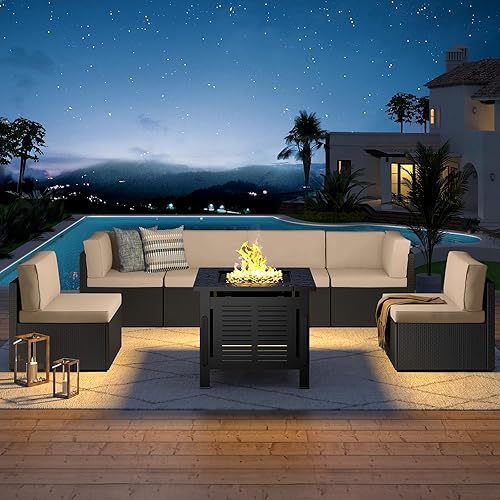 U-MAX 7 Piece Outdoor Patio Furniture Set with 30 Inch Fire Pit Table, PE Rattan Wicker Sofa Set, Outdoor Sectional Furniture Chair Set with Cushions and Tea Table, Black Rattan&Beige Cushion