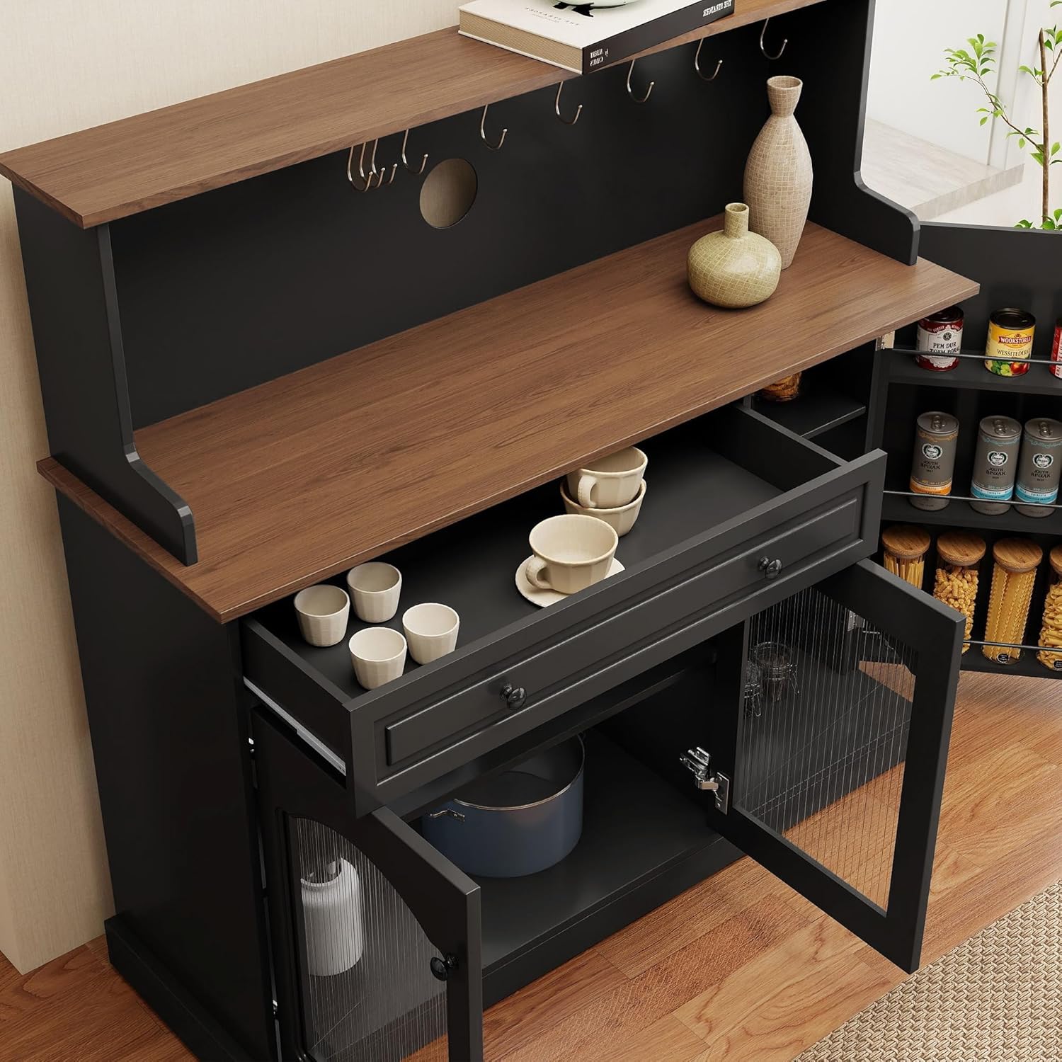 Kitchen Pantry Cabinet with Drawer Storage, 48” Modern Farmhosue Kitchen Hutch with Glass Doors, Black Storage Cabinet with Countertop and Adjustable Shelves for Dining Room, Living Room