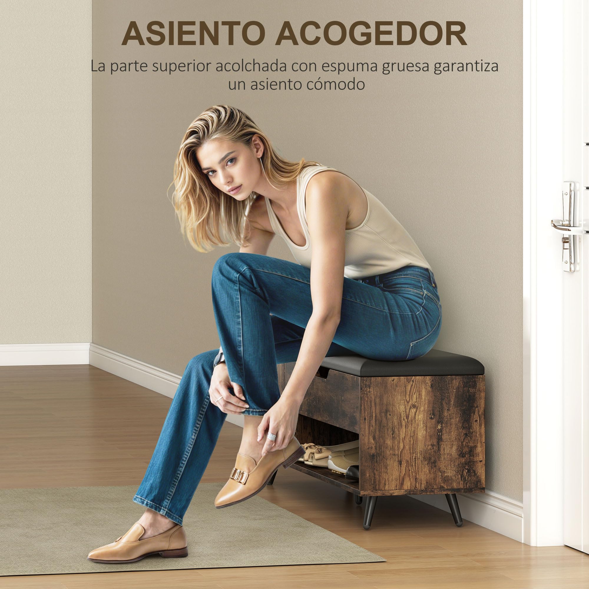 HOMCOM Banco Zapatero, Banco Recibidor Industrial, con Asiento Acolchado, Compartimento Oculto, Estantes, Puertas, Estante Abierto para 3 Pares de Zapatos, para Entrada, 127x35x59 cm, Marrón Rústico