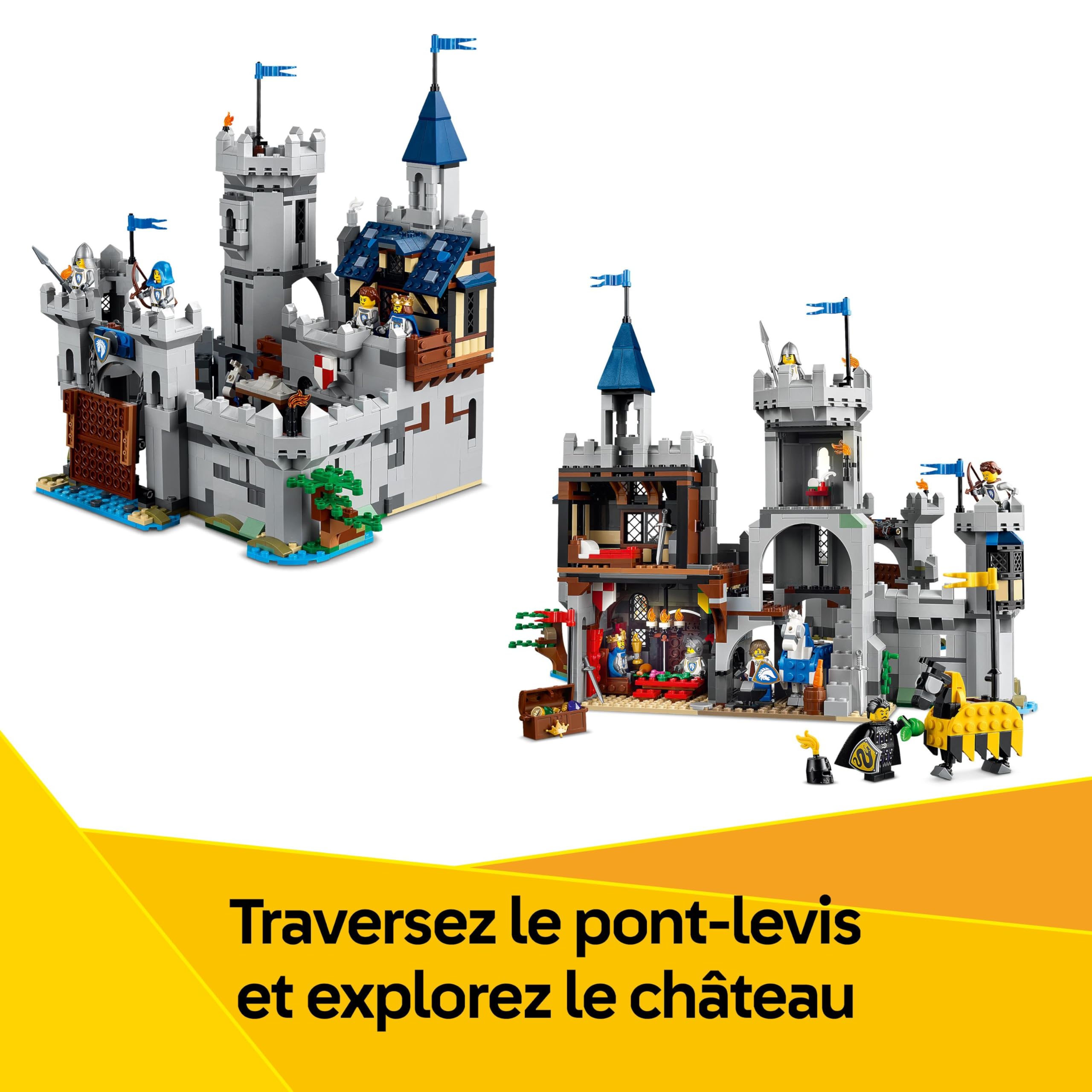 LEGO Creator 3-en-1 Le Château Médiéval des Chevaliers - Jouet se Transformant en Scène de Tournoi à Cheval ou en Village - 6 Minifigurines - Cadeau Original pour Garçon ou Fille dès 9 Ans 31168