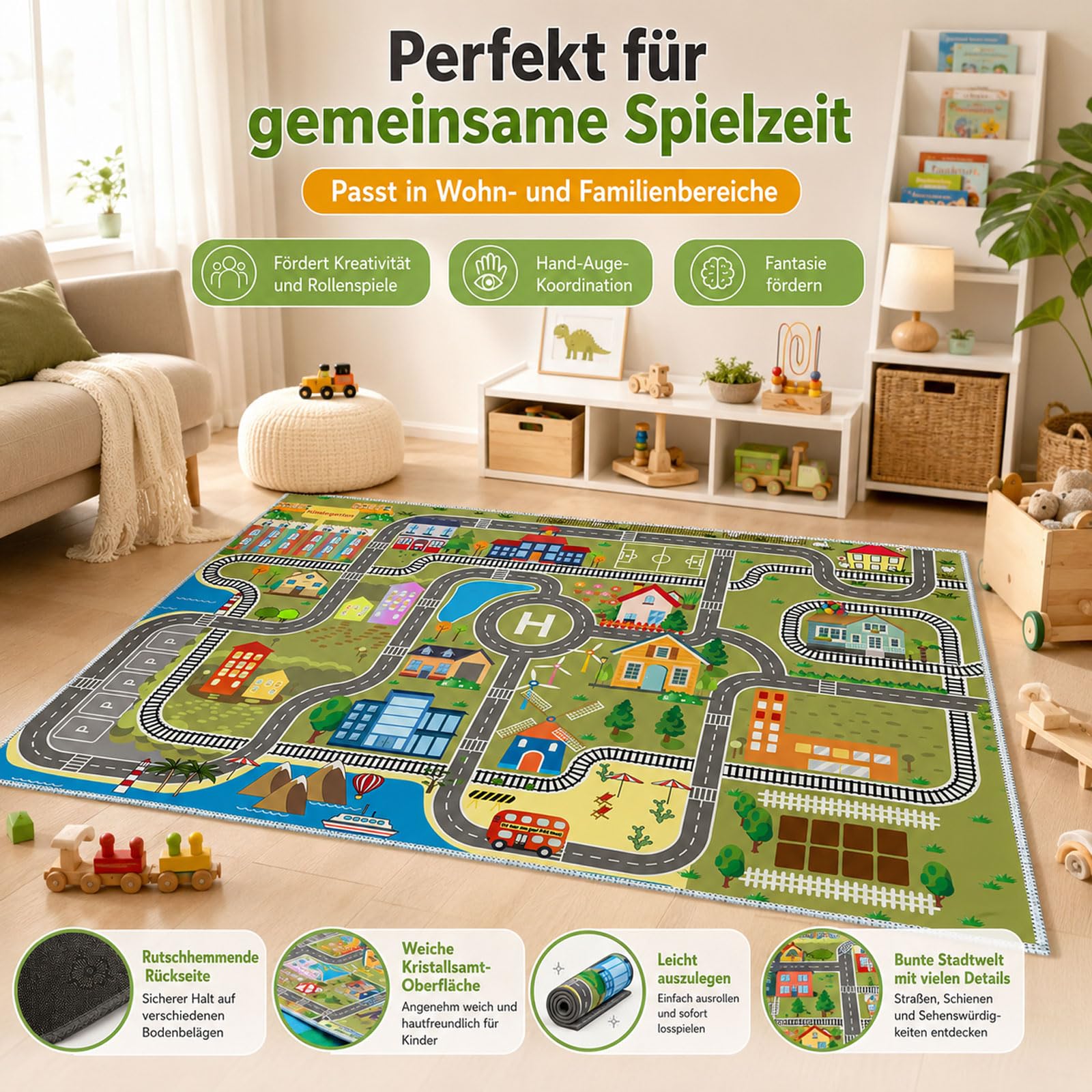 Kinder spielteppich Auto Jungen & Mädchen Teppich Straßenteppich Bauteppich Stadtstadt Lernbereich Teppich Pädagogischer Antirutsch für Kinderzimmer Grau Blau Grün(B,120X180CM)