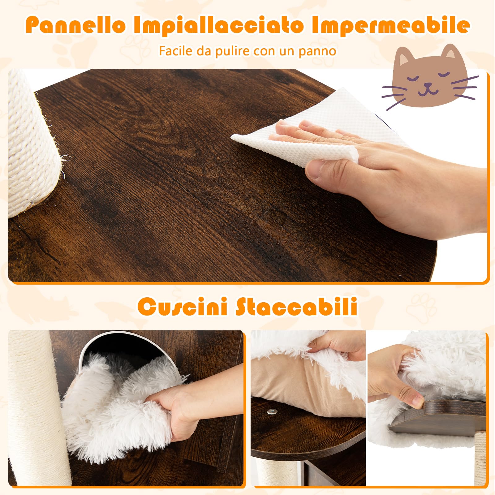 COSTWAY Tiragraffi per Gatti Adulti Con Cuccia, Piattaforma, Cuscini e Albero Alto in Legno - 60 x 60 x 160 cm