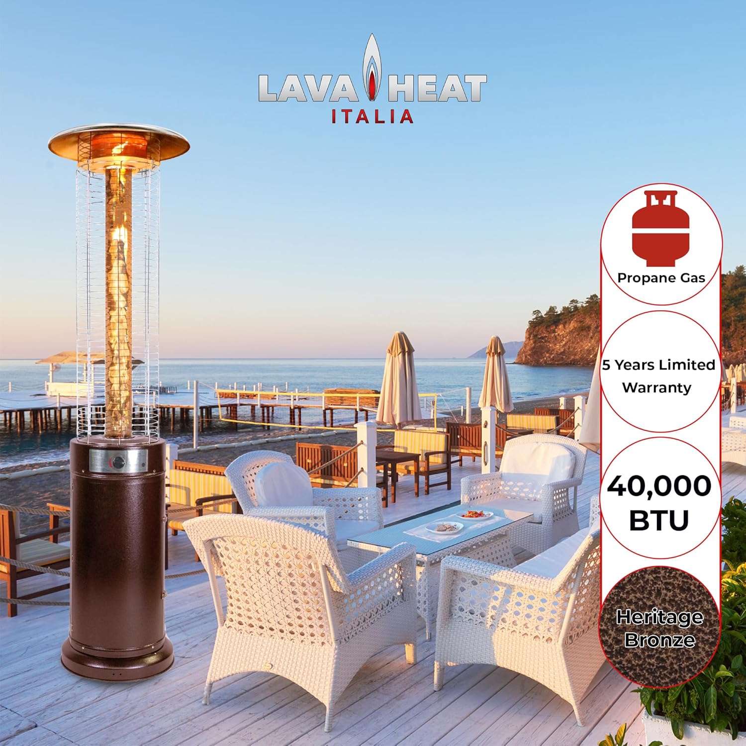 Lava Heat Italia Fire Fountain Heater Commercial Propane Patio Heaters 6.04 ft Performance Series Patio With Wheels 40,000 BTU Metal Fireplace with Electronic Ignition