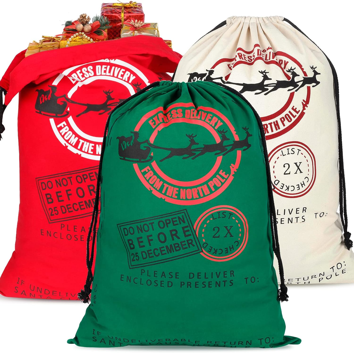 IOOTSEA 3 Pack Christmas Santa Bags, Large Drawstring Santa Sacks