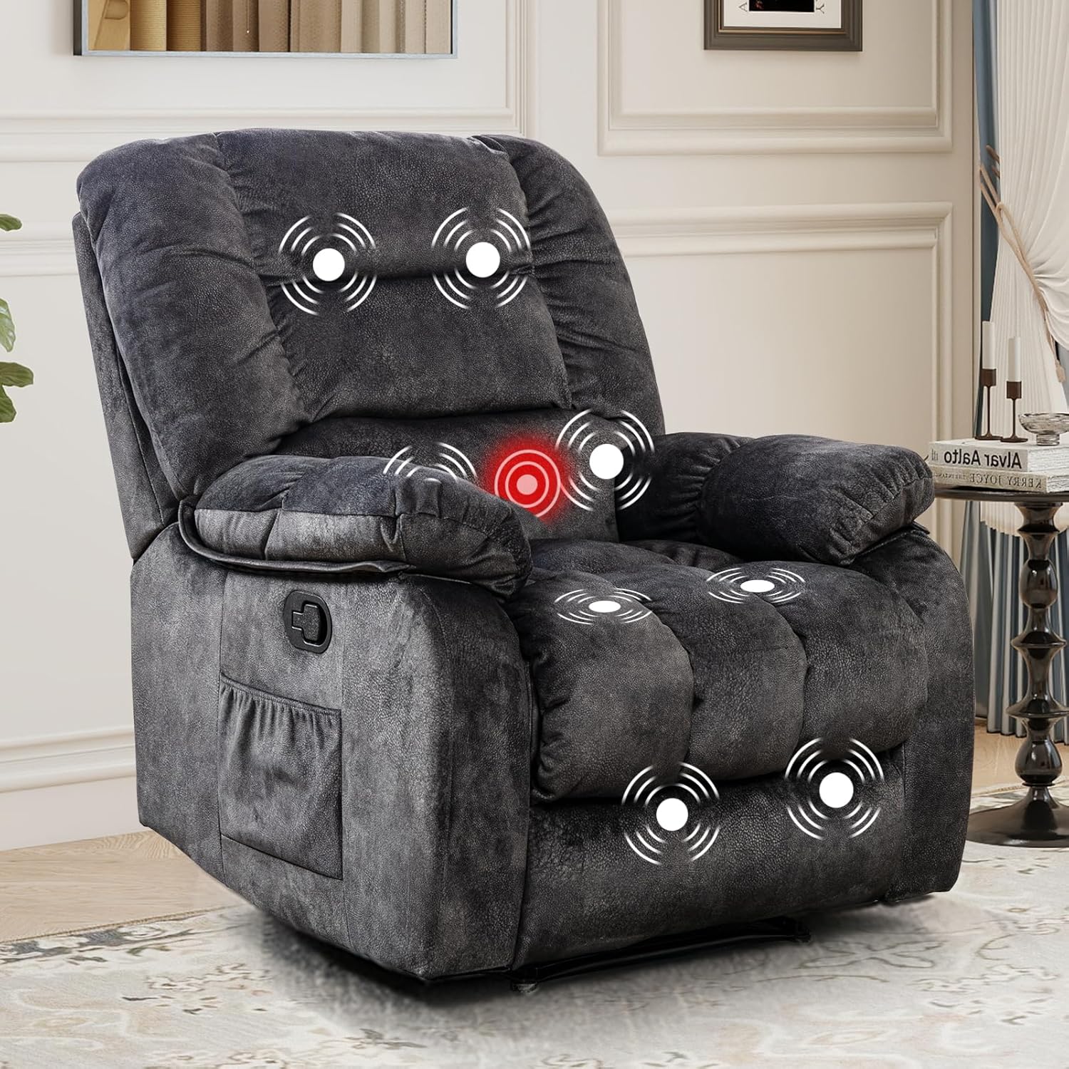 EBELLO Massage Recliner Chair with Vibration, Massage and Heat, Soft Comfortable Fabric Recliner Couch, Manual Reclining Sofa Chair for Living Room, Grey