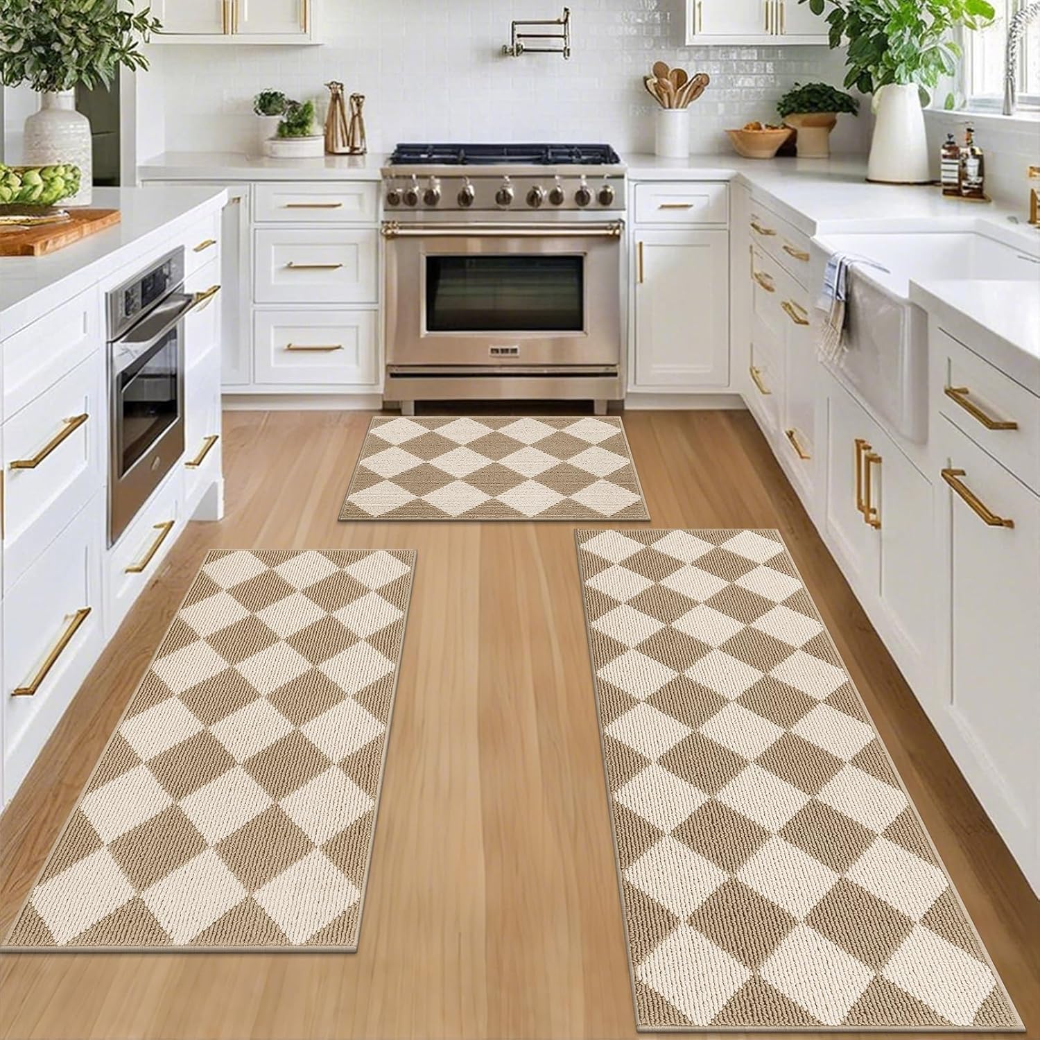 SHACOS 3 Piece Checkered Kitchen Runner Rug Washable Non Slip Kitchen Rug Set Indoor Floor Carpet Doormat, Hallway Entryway Runner Rug for Laundry, Bathroom, Living Room