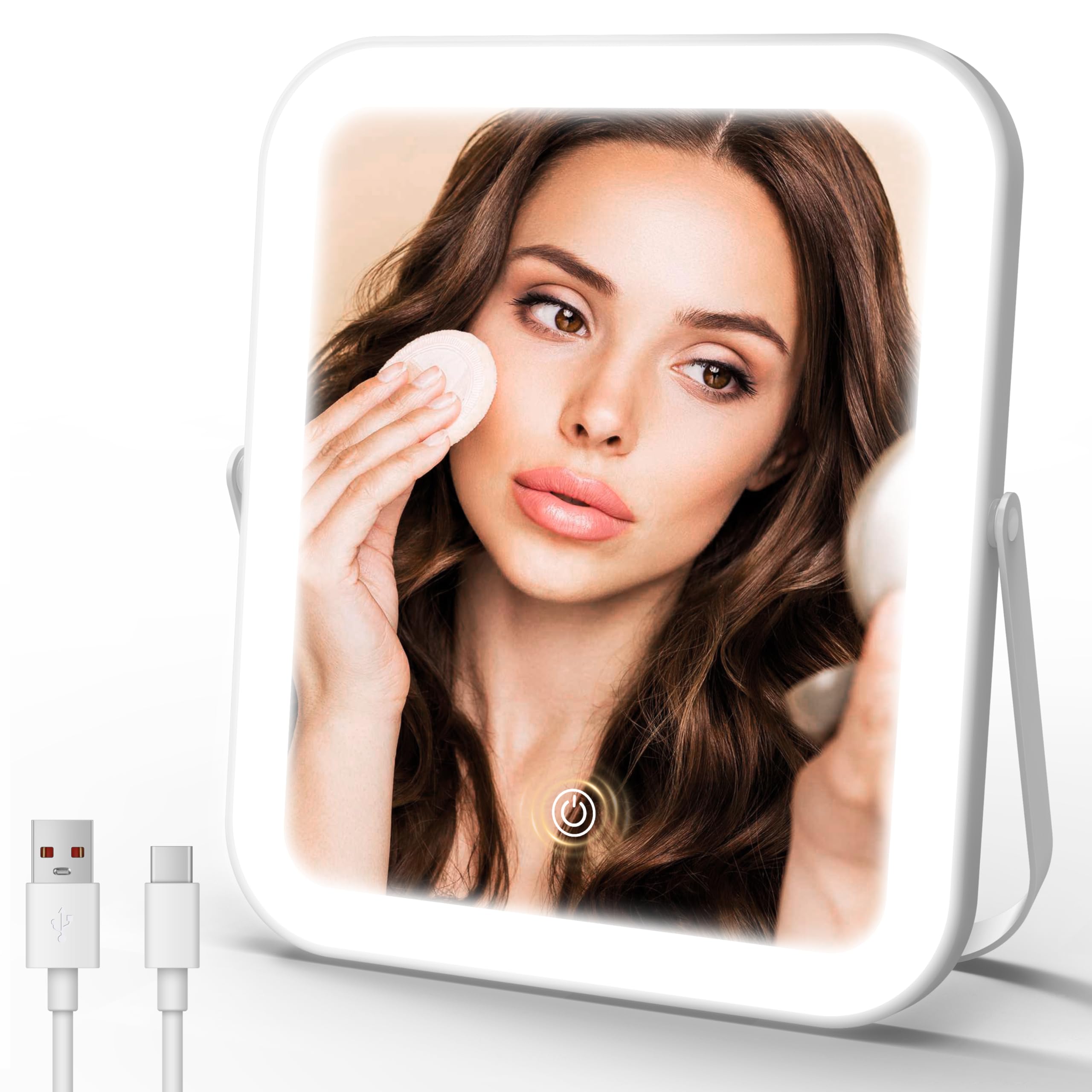 ROLOVE Travel Makeup Mirror with Lights, Ultra-Thin Aluminum Lighted Vanity Mirror, 8"x10" Rechargeable LED Mirror for Travel &amp; Desk, 3 Color Dimmable Portable Folding Mirror, Gifts for Women