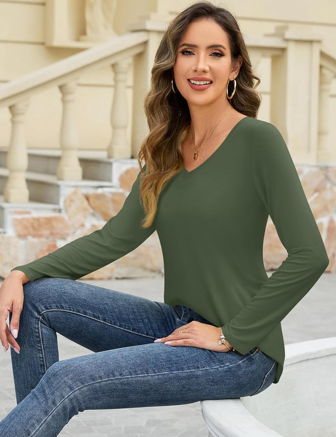 Amoretu Womens Tshirts V Neck Short Sleeve Tops Tee Solid Color Blouse - Image 3