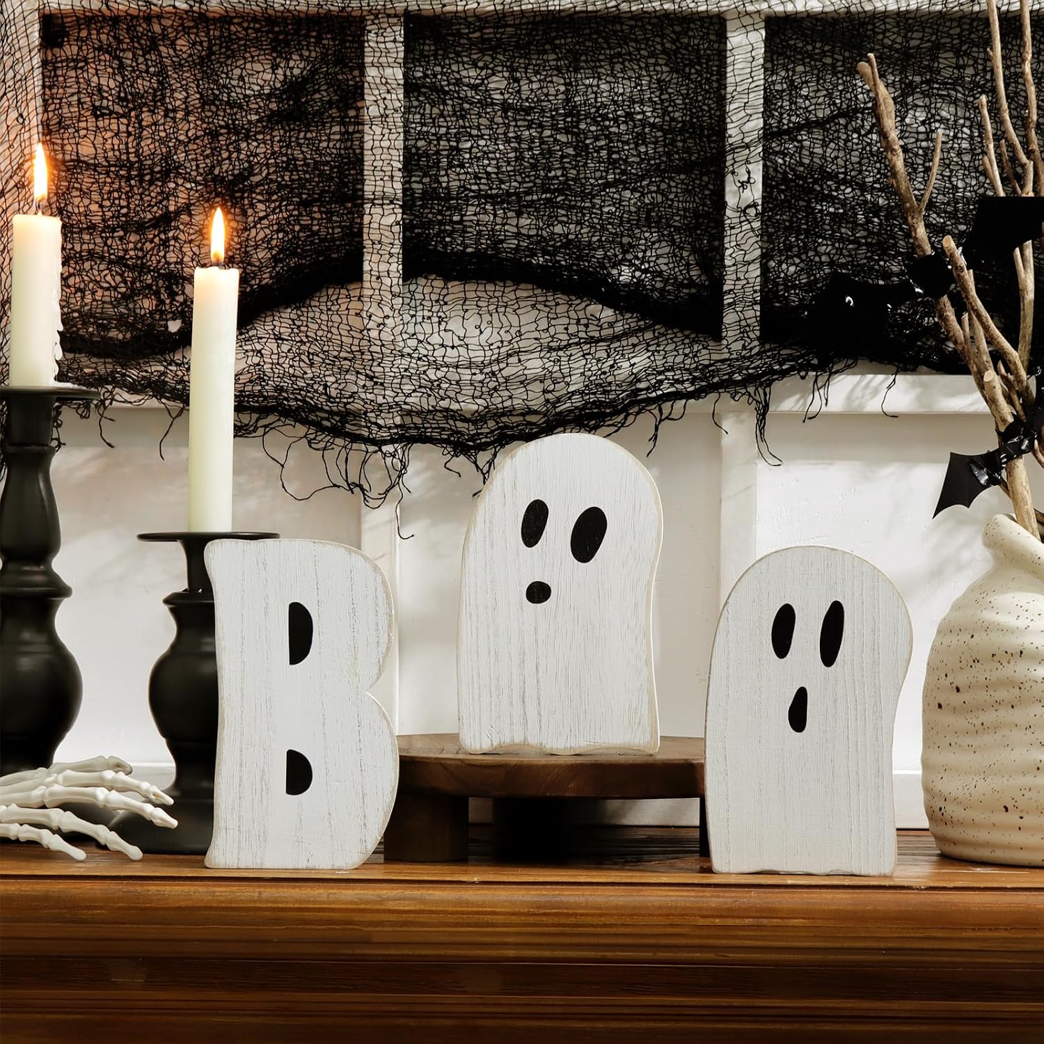 Halloween Table Decorations Indoor: 3pcs Farmhouse Halloween Cute Ghost Decorations, Mini Black White BOO Wood Plank Signs, Rustic Tiered Tray Decor Wooden Ghost Desk Office Decor for Home Kids image 4