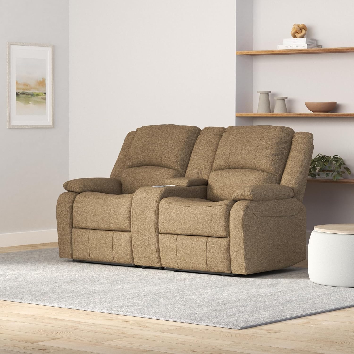 RecPro Charles 67" Double Recliner RV Sofa with Console and Cupholders | Zero Wall Loveseat for Camper | Wall Hugger Couch | Fifth Wheel Theater Seating | Replacement RV Furniture | Oatmeal Cloth
