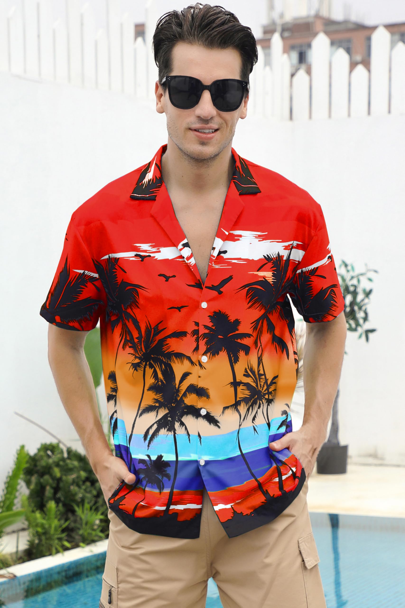 Cromoncent Camicia hawaiana per ragazzo e uomo, a maniche corte, colletto cubano, tropicale, estate, spiaggia, Aloha Rosso, 4XL