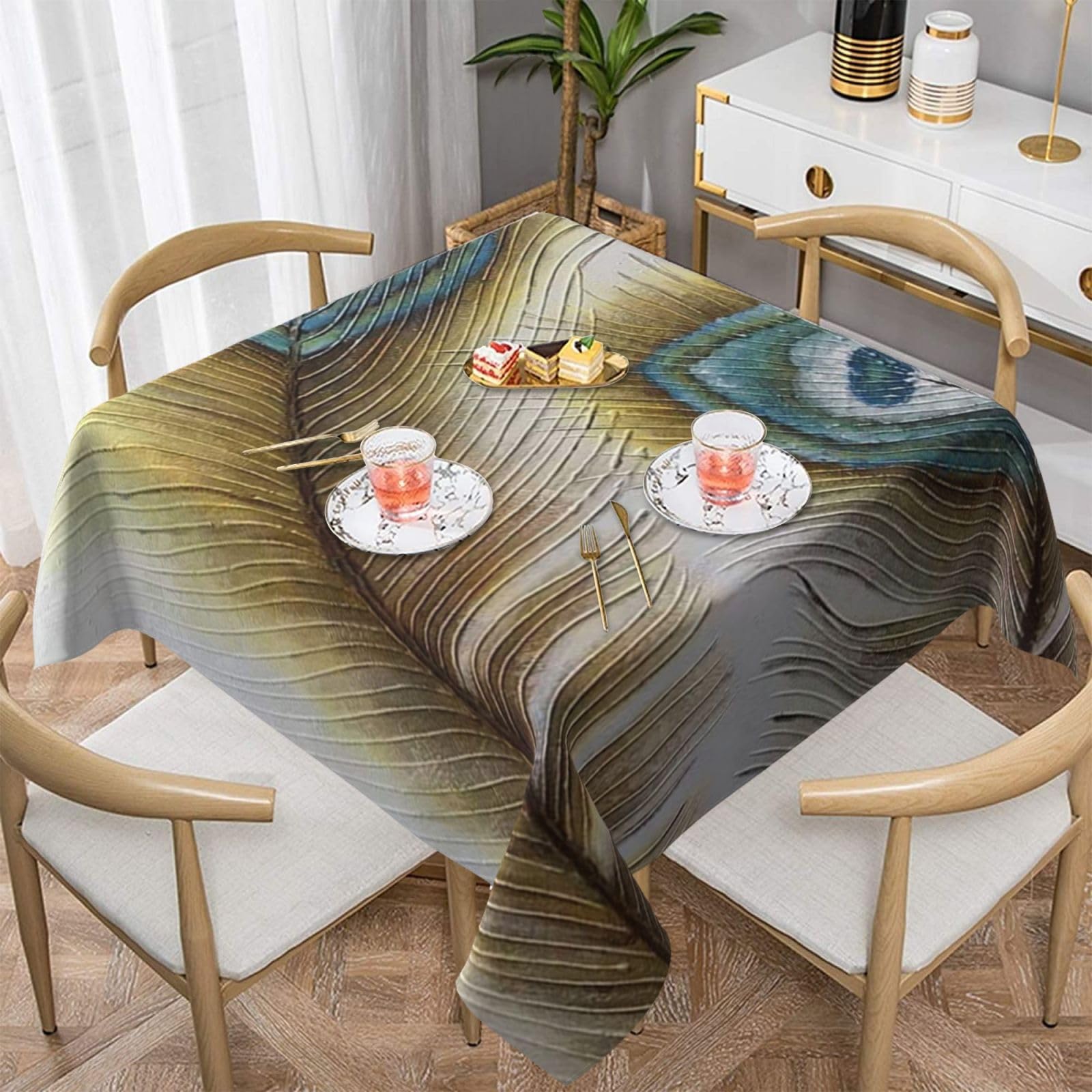 Nappe imperméable plumes de paon lavable et infroissable pour la maison